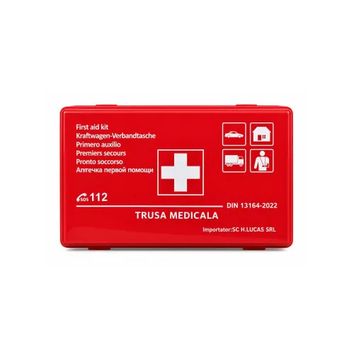 Trusa medicala auto de prim ajutor DIN 13164:2022 conforma normelor europene cutie rosie