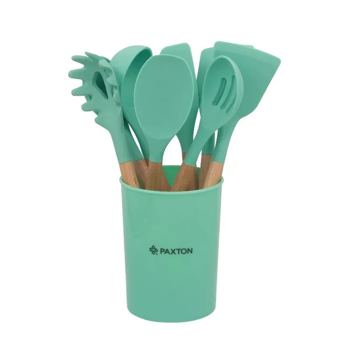 Ustensile pentru gatit, JY9JT, silicon + lemn, verde, 33 x 12.5 cm, 8 piese