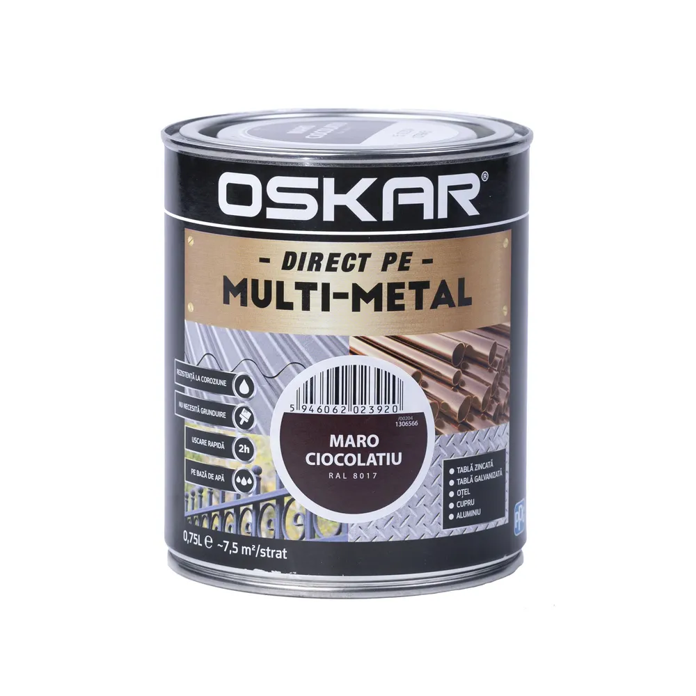 Vopsea acrilica Oskar multimetal, maro ciocolatiu, aspect satinat, 0.75 L