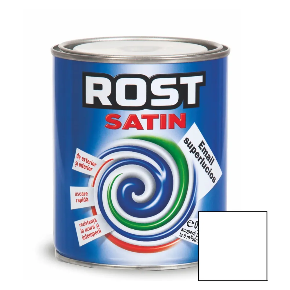 Vopsea alchidica pentru lemn / metal, Rost Satin, interior / exterior, alb, 0.6 L