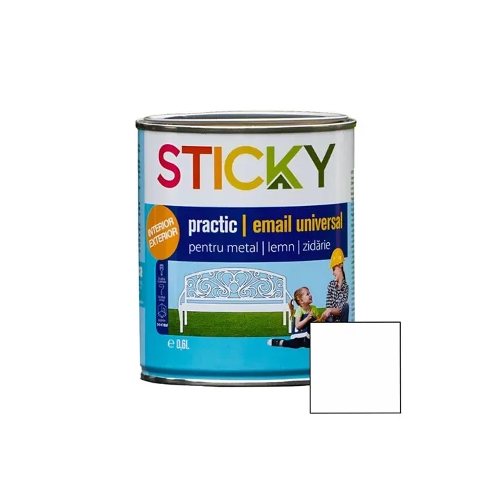 Vopsea alchidica pentru lemn / metal, Sticky Practic, interior / exterior, alb, 0.6 L