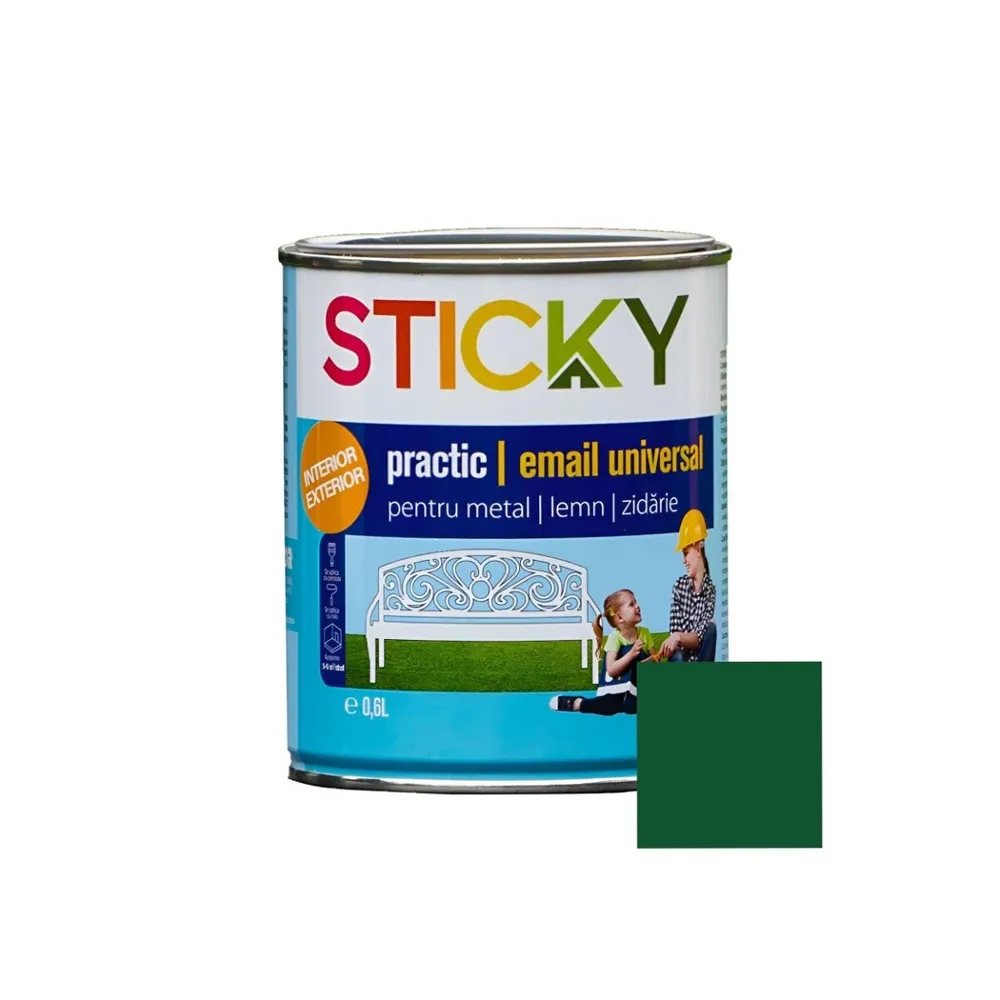 Vopsea alchidica pentru lemn / metal, Sticky Practic, interior / exterior, verde, 0.6 L