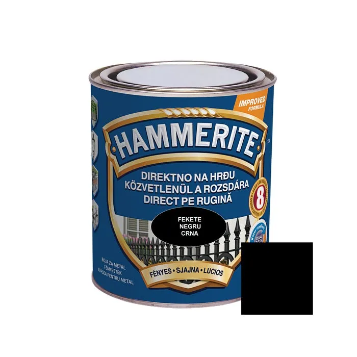 Vopsea alchidica pentru metal Hammerite - efect lucios, interior / exterior, negru, 0.75 L