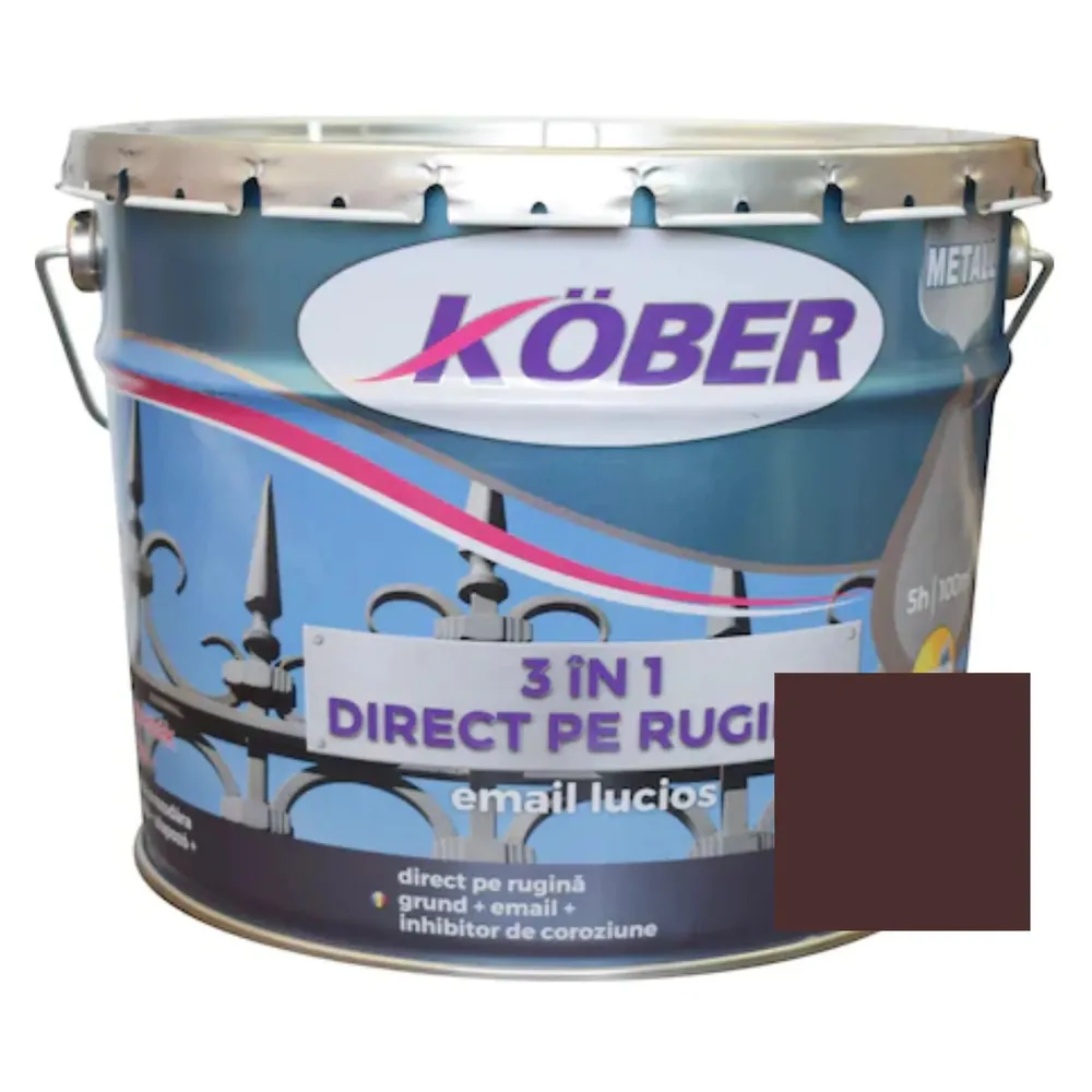 Vopsea alchidica pentru metal Kober 3 in 1 direct pe rugina, interior / exterior, brun, 10 L