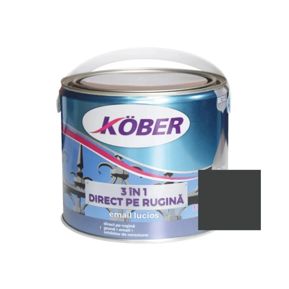 Vopsea alchidica pentru metal Kober 3 in 1 direct pe rugina, interior / exterior, gri antracit, 2.5 L