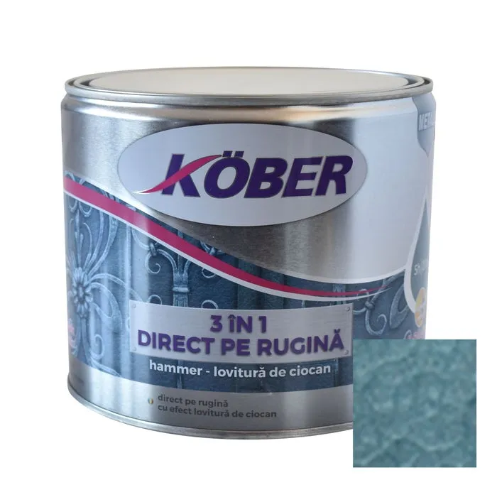 Vopsea alchidica pentru metal Kober Hammer 3 in 1 direct pe rugina, efect lovitura de ciocan, interior / exterior, albastru luminos E81605, 2.5 L