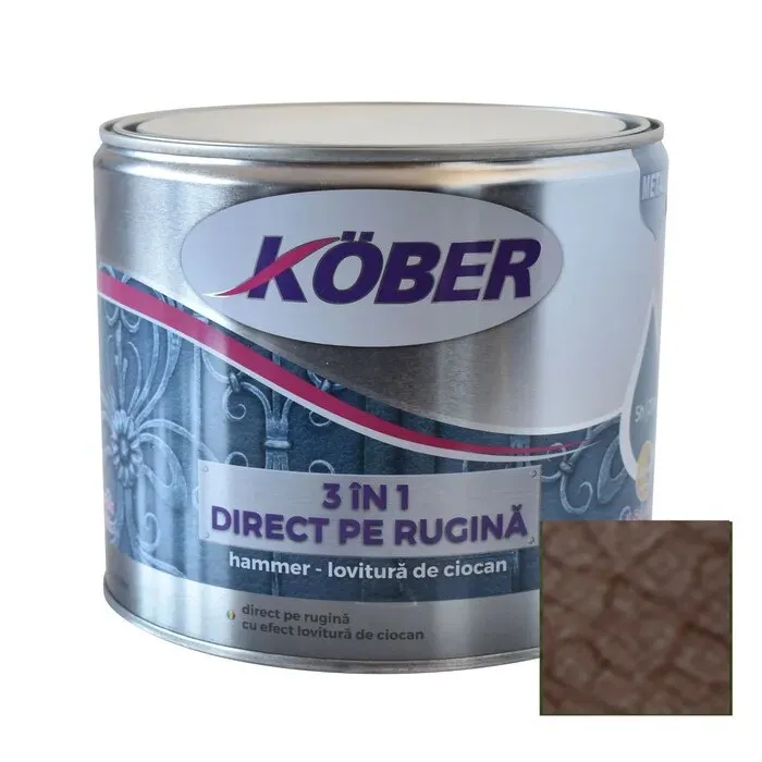 Vopsea alchidica pentru metal Kober Hammer 3 in 1 direct pe rugina, efect lovitura de ciocan, interior / exterior, brun E81785, 2.5 L