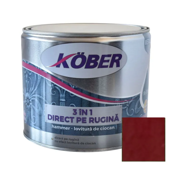 Vopsea alchidica pentru metal Kober Hammer, efect lovitura de ciocan, interior / exterior, rosu bordeaux E81200, 2.5 L