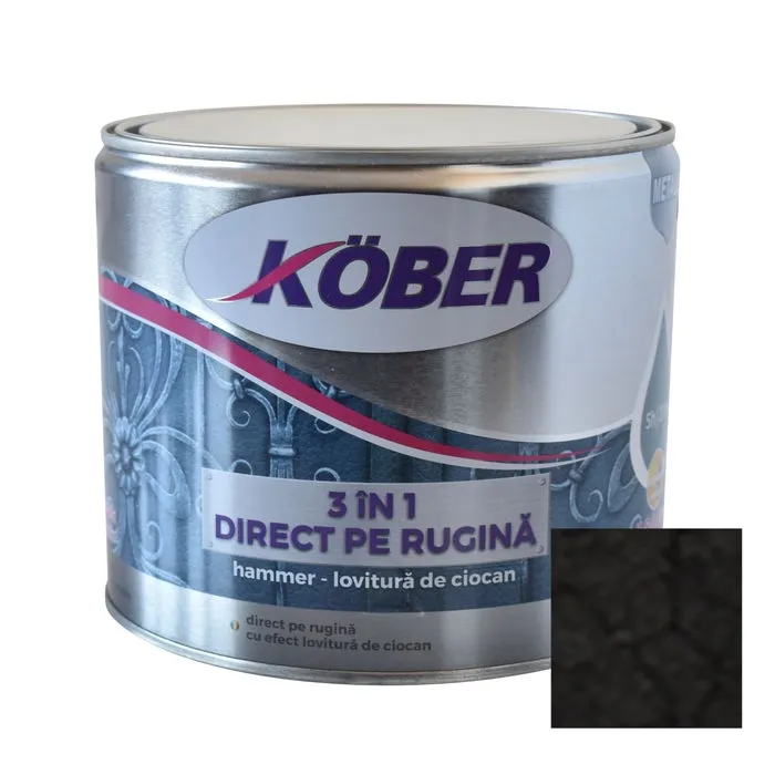 Vopsea alchidica pentru metal Kober Hammer, efect lovitura de ciocan, interior / exterior, negru E81900, 2.5 L