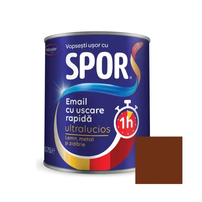 Vopsea alchidica pentru metal, Spor, cu uscare, rapida, ultralucios, interior / exterior, maro, 0.75 L