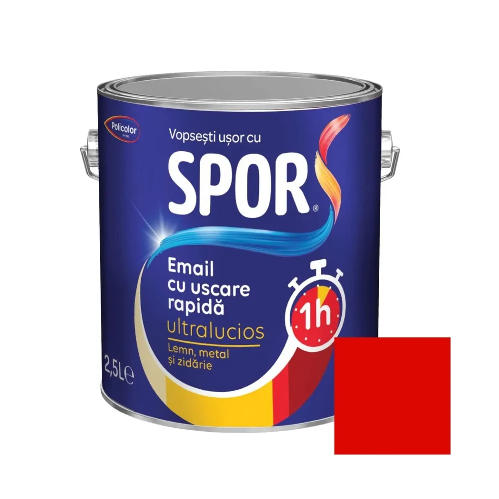 Vopsea alchidica pentru metal, Spor, cu uscare, rapida, ultralucios, interior / exterior, rosu, 2.5 L
