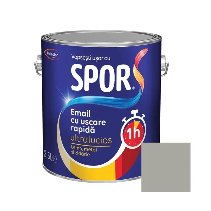 Vopsea alchidica pentru metal, Spor, cu uscare, rapida, ultralucios, interior / exterior, negru, 2.5 L
