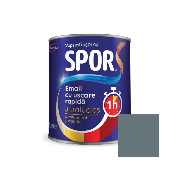 Vopsea alchidica pentru metal, Spor, cu uscare, rapida, ultralucios, interior / exterior, gri cenusiu, 0.75 L