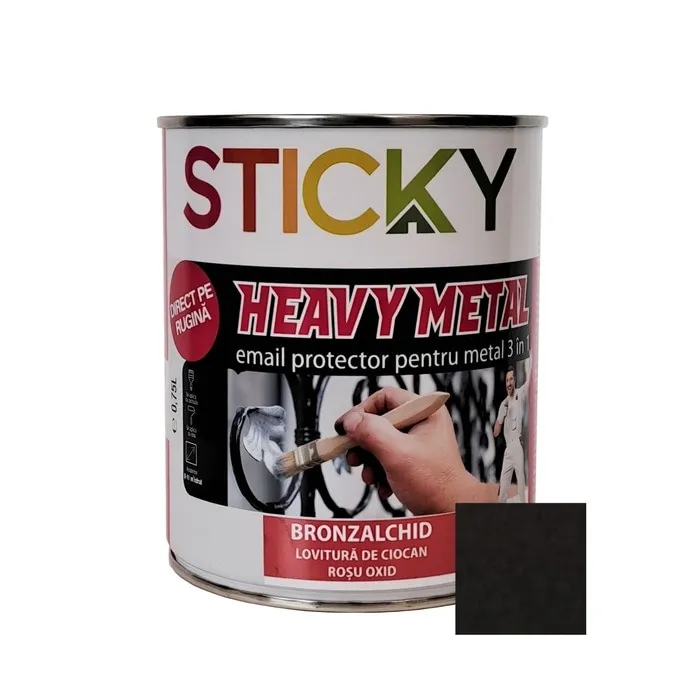 Vopsea alchidica pentru metal Sticky Bronzalchid 3 in 1, lovitura de ciocan, interior / exterior, negru, 0.75 L