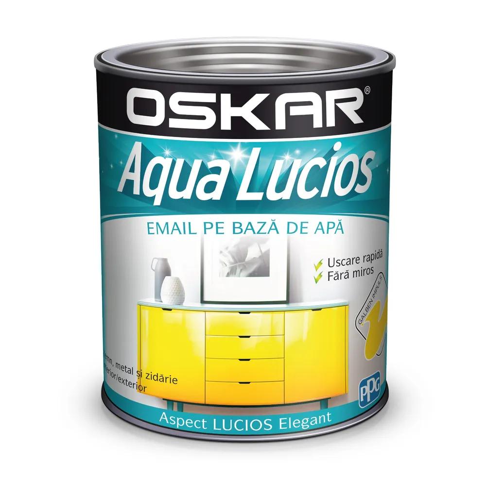 Vopsea email pe baza de apa Oskar Aqua Lucios, Galben Impuls, 0.6 l