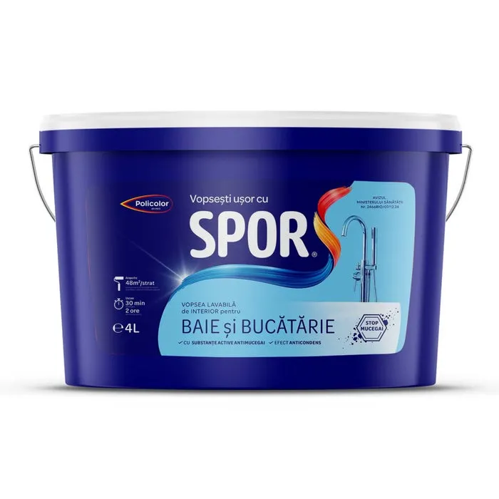 Vopsea lavabila interior, Spor, antimucegai, baie si bucatarie, alba, 4 L