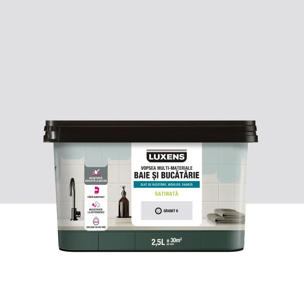 Vopsea multi-materiale, pe baza de apa Luxens, pentru baie si bucatarie, gri granit 6, aspect satinat, 2.5 L