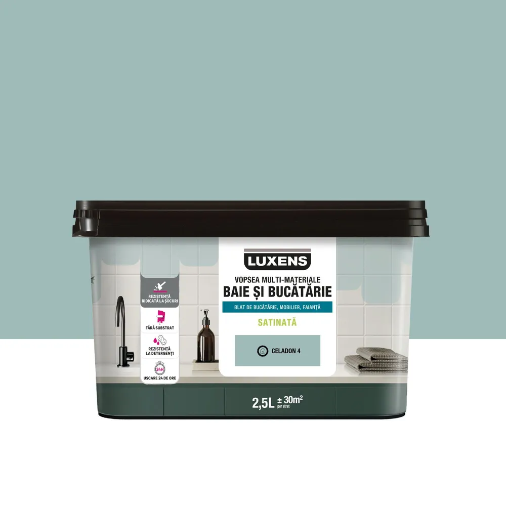 Vopsea multi-materiale, pe baza de apa Luxens, pentru baie si bucatarie, verde celadon 4, aspect satinat, 2.5 L
