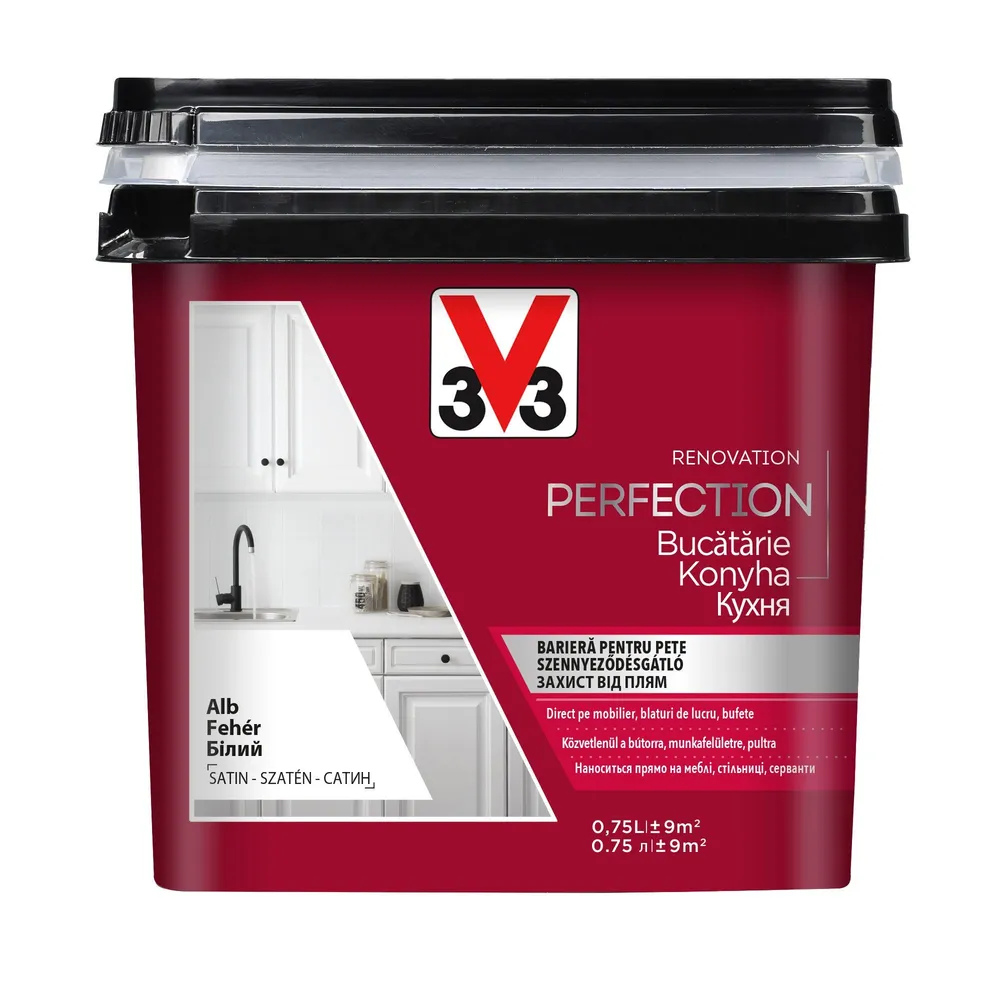 Vopsea pe baza de apa V33, pentru bucatarie, alb, aspect satinat, 0.75 L