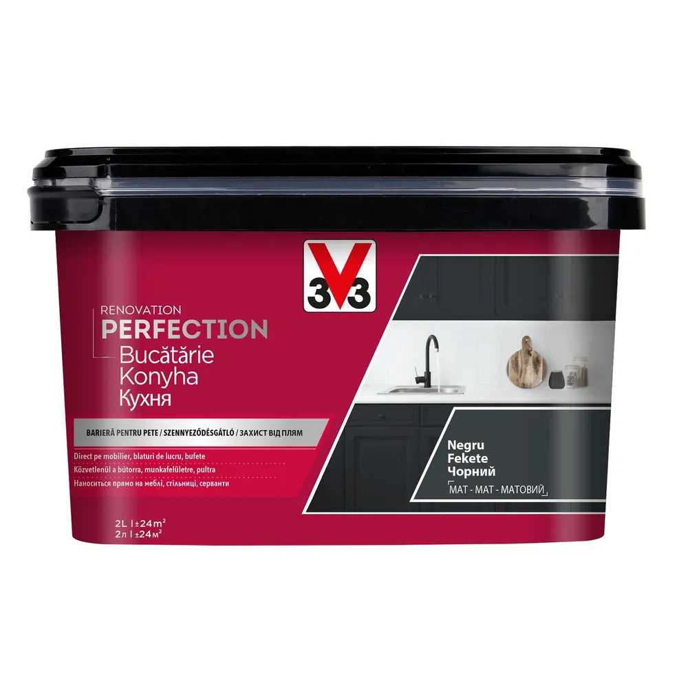 Vopsea pe baza de apa V33, pentru bucatarie, negru, aspect satinat, 2 L