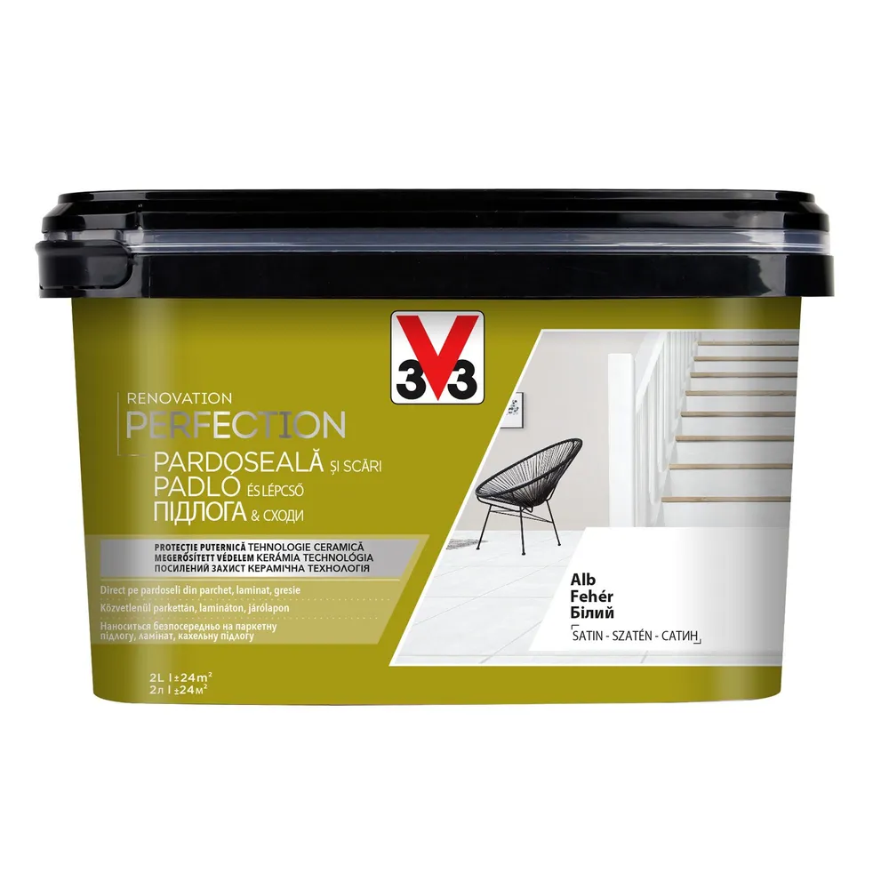Vopsea pe baza de apa V33, pentru pardoseala de interior, alb, aspect satinat, 2 L