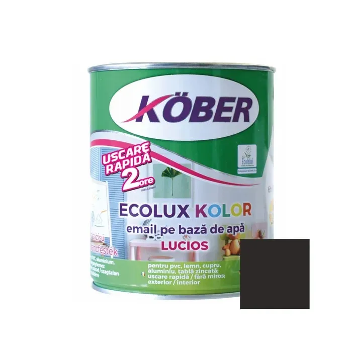 Vopsea pentru lemn / metal, Kober Ecolux Kolor, interior / exterior, pe baza de apa, lucios, negru, 0.6 L