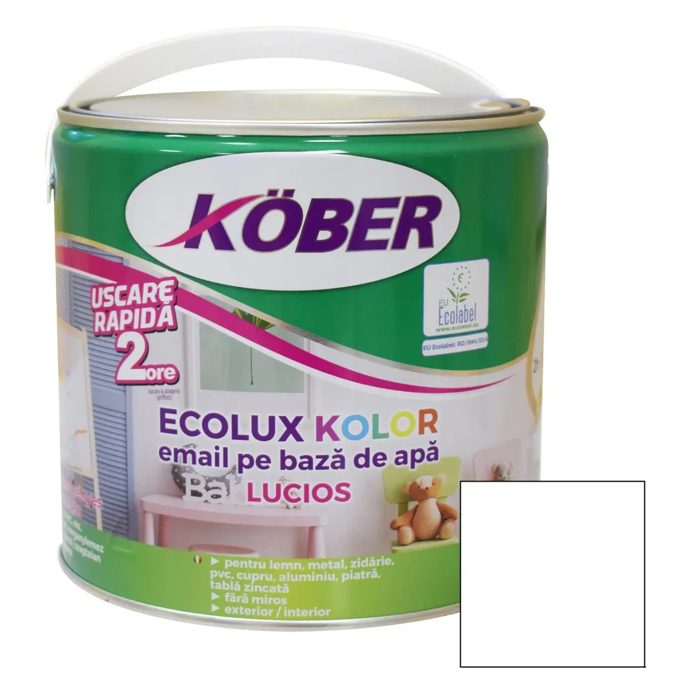 Vopsea pentru lemn / metal, Kober Ecolux Kolor, interior / exterior, pe baza de apa, lucios, alb, 2.5 L