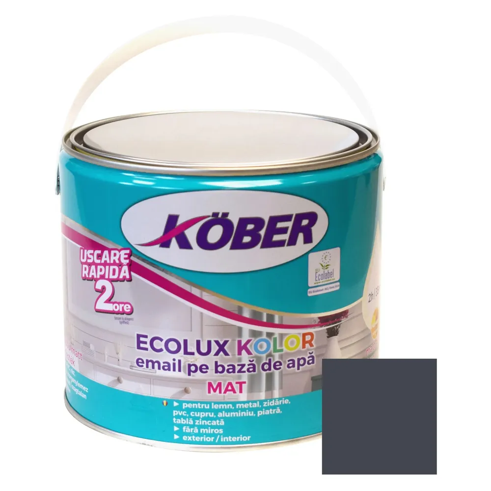 Vopsea pentru lemn / metal, Kober Ecolux Kolor, interior / exterior, pe baza de apa, mat, gri antracit, 2.5 L