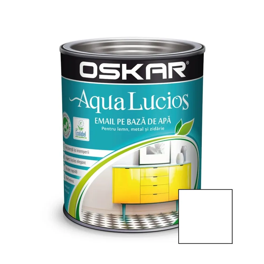 Vopsea pentru lemn / metal, Oskar Aqua Lucios, interior / exterior, pe baza de apa, alb pur, 0.6 L