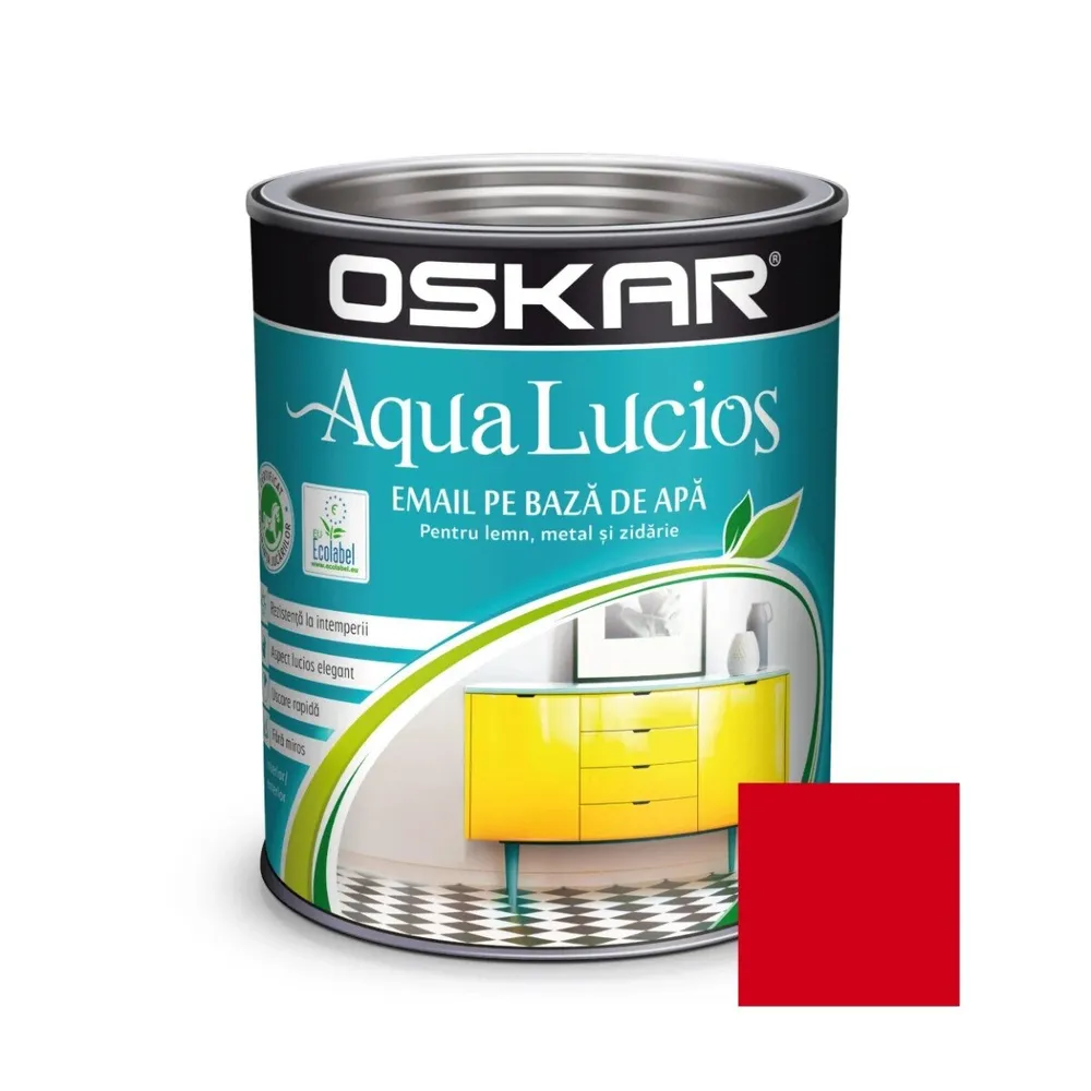 Vopsea pentru lemn / metal, Oskar Aqua Lucios, interior / exterior, pe baza de apa, rosu spirit, 2.5 L