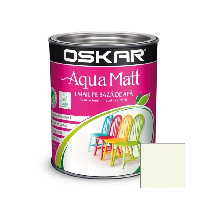 Vopsea pentru lemn / metal, Oskar Aqua Matt, interior / exterior, pe baza de apa, alb murdar vintage, 0.6 L