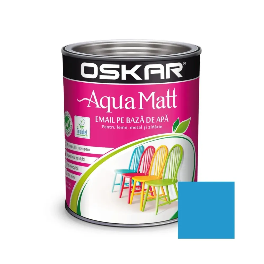Vopsea pentru lemn / metal, Oskar Aqua Matt, interior / exterior, pe baza de apa, albastru acvatic, 0.6 L