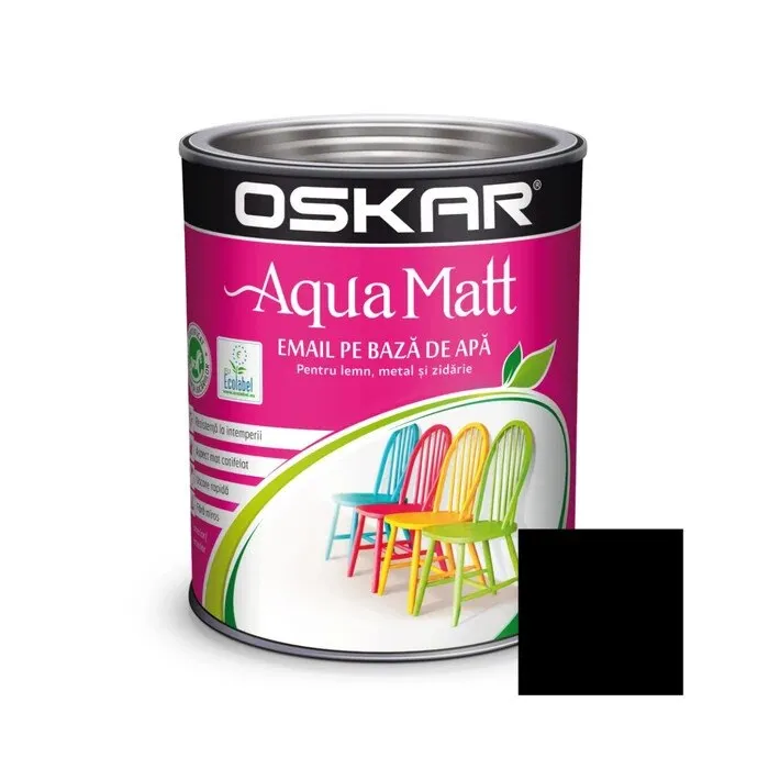 Vopsea pentru lemn / metal, Oskar Aqua Matt, interior / exterior, pe baza de apa, negru minimalist, 0.6 L