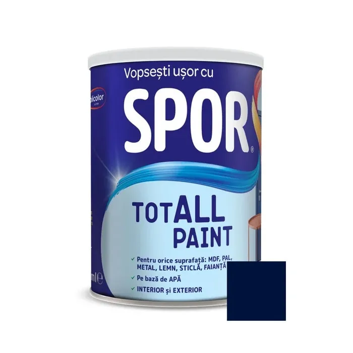 Vopsea pentru lemn / metal / sticla, Spor Totall Paint, pe baza de apa, interior / exterior, atlantic / albastru inchis, 0.6 L