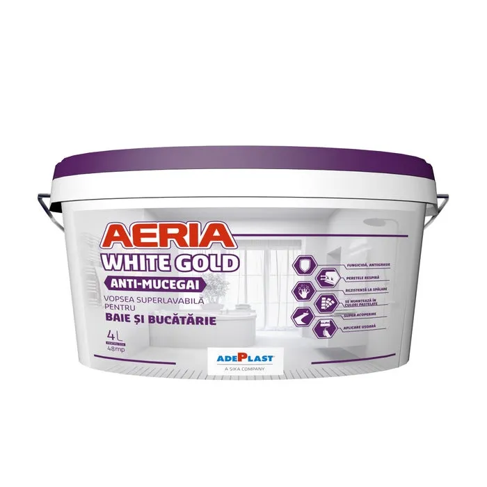 Vopsea superlavabila antimucegai, interior, Adeplast Aeria White Gold, Baie si Bucatarie, alba, 4 L