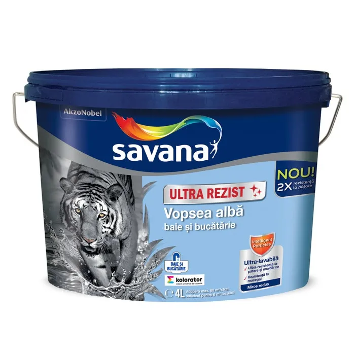 Vopsea ultra-lavabila interior, pentru baie si bucatarie, Savana Ultrarezist, antimucegai, alba, 4 L